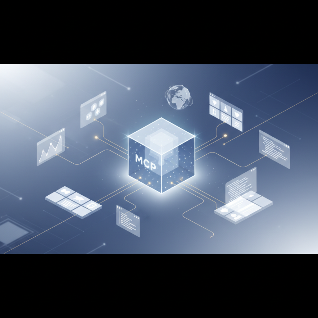 A 3D isometric illustration of a central glowing cube (spike.land MCP) connecting to multiple diverse floating digital interfaces via golden energy lines, representing seamless cross-origin integration, clean tech aesthetic, white and blue color palette