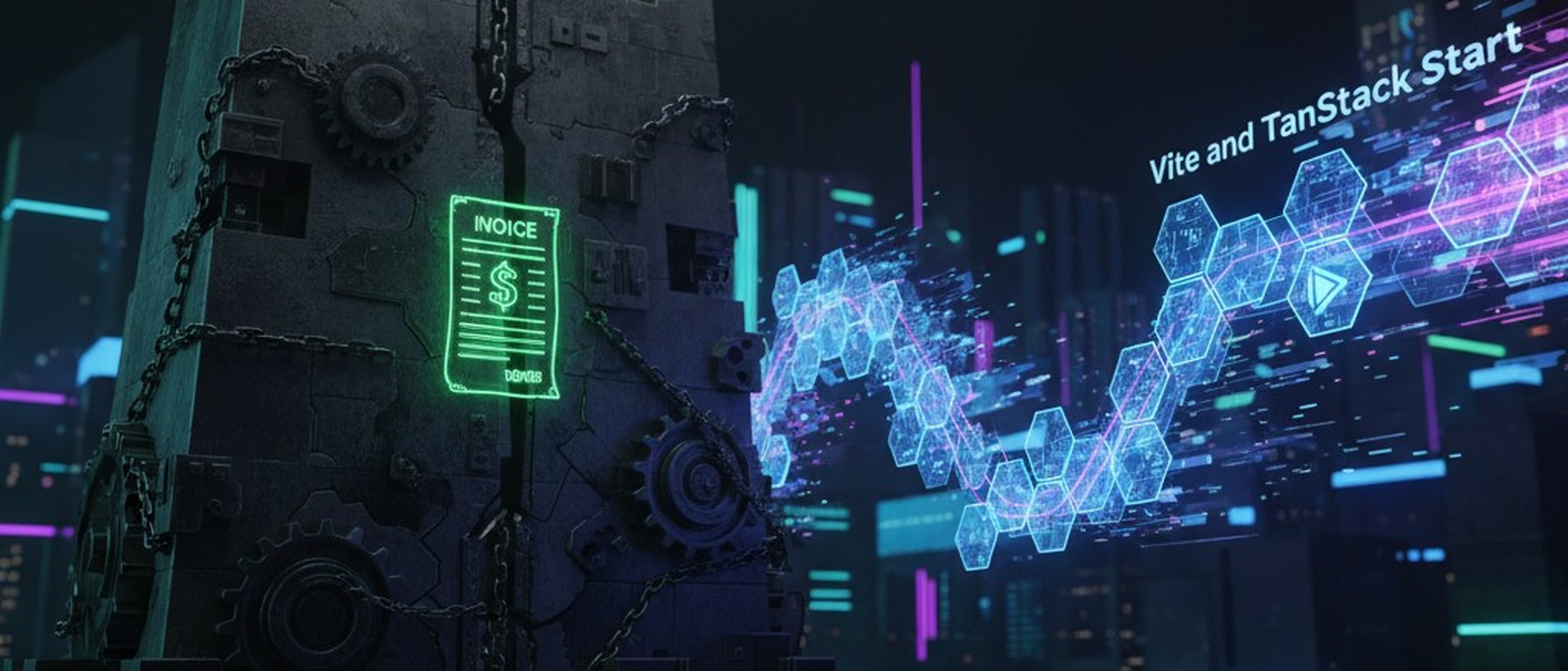A conceptual digital illustration showing a heavy, expensive, monolithic structure representing a sluggish framework with a glowing $100 invoice, contrasted against a lightweight, fast, glowing futuristic pathway representing Vite and TanStack Start. The scene is modern, sleek, and developer-focused, dark mode aesthetics, vibrant neon accents.