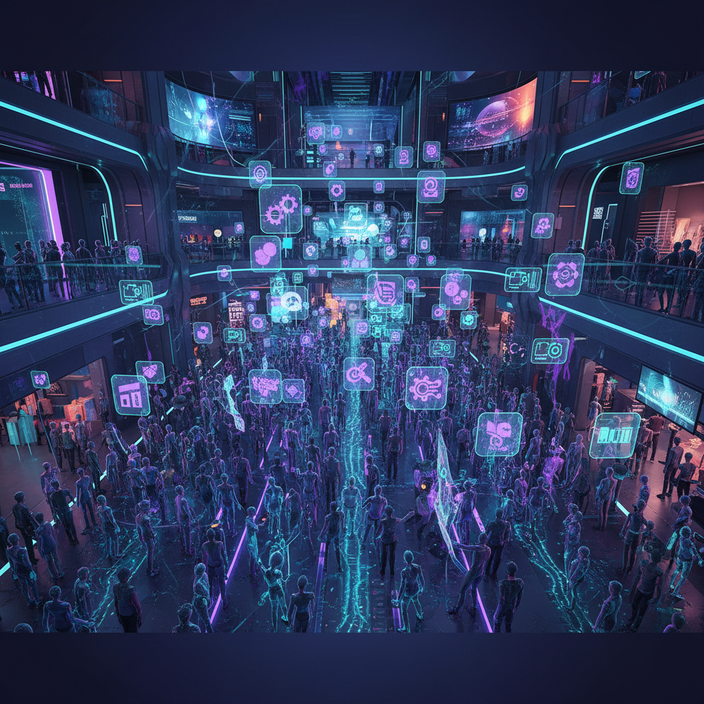 A vibrant digital marketplace with floating holographic app icons, each icon representing a modular MCP tool, a diverse crowd of glowing avatars browsing the store, cyberpunk aesthetic with purple and teal neon lighting, high-tech retail environment